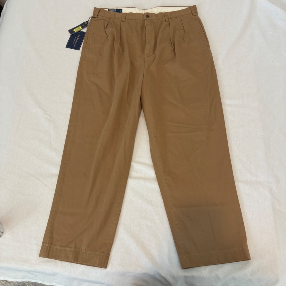 Polo Ralph Lauren Andrew Pant Mens 40x30 Brown Pleated Cotton Chino Trousers